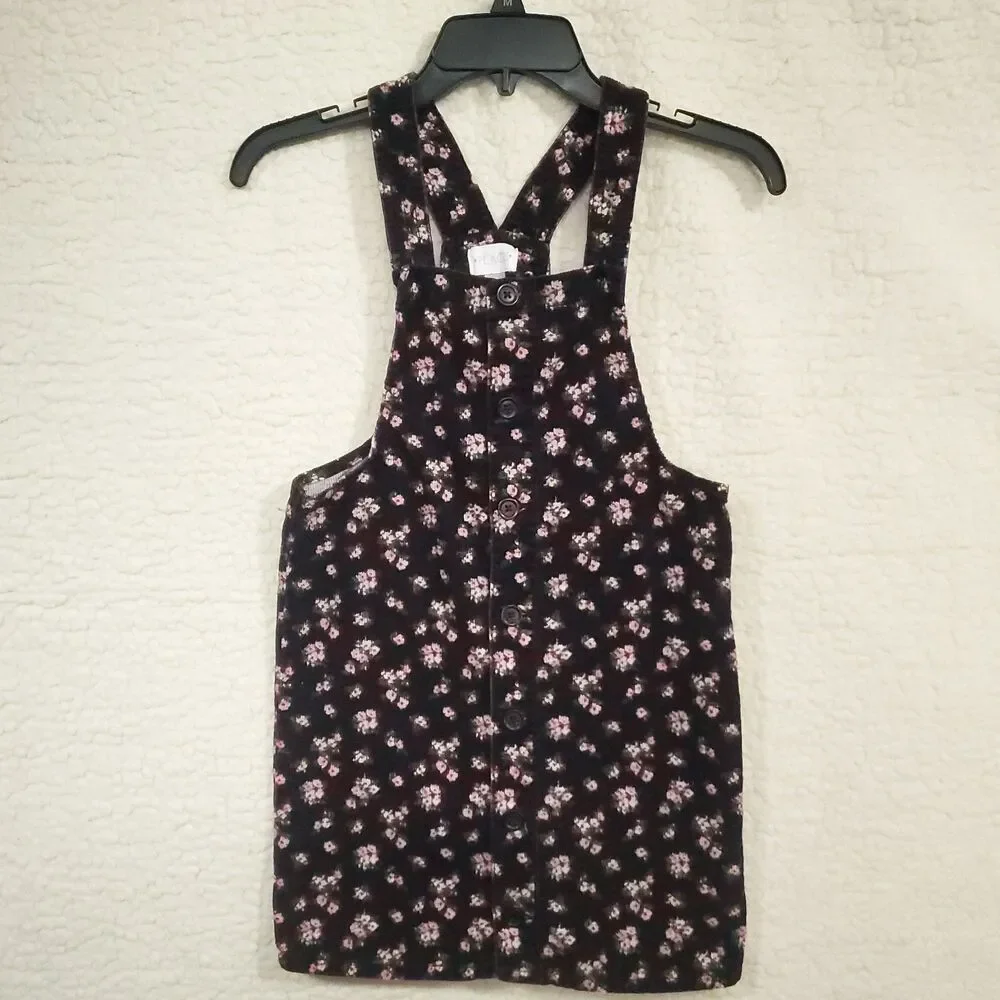 The Children's Place Girls Corduroy Jumper Dress Sz 10 Black Pink Floral Overall